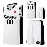 Custom basketball jersey shorts for men and women. Embroidered and printed name, number and logo White