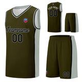 Custom basketball jersey shorts for men and women. Embroidered and printed name, number and logo Olive Green&Grey