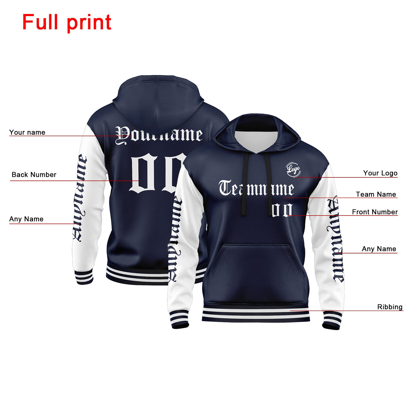 Custom Navy White Sweatshirt Hoodie For Men Women Girl Boy Print Your Logo Name Number enthsush