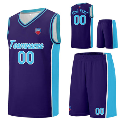 Custom basketball jersey shorts for men and women. Embroidered and printed name, number and logo Purple&Light Blue enthsush