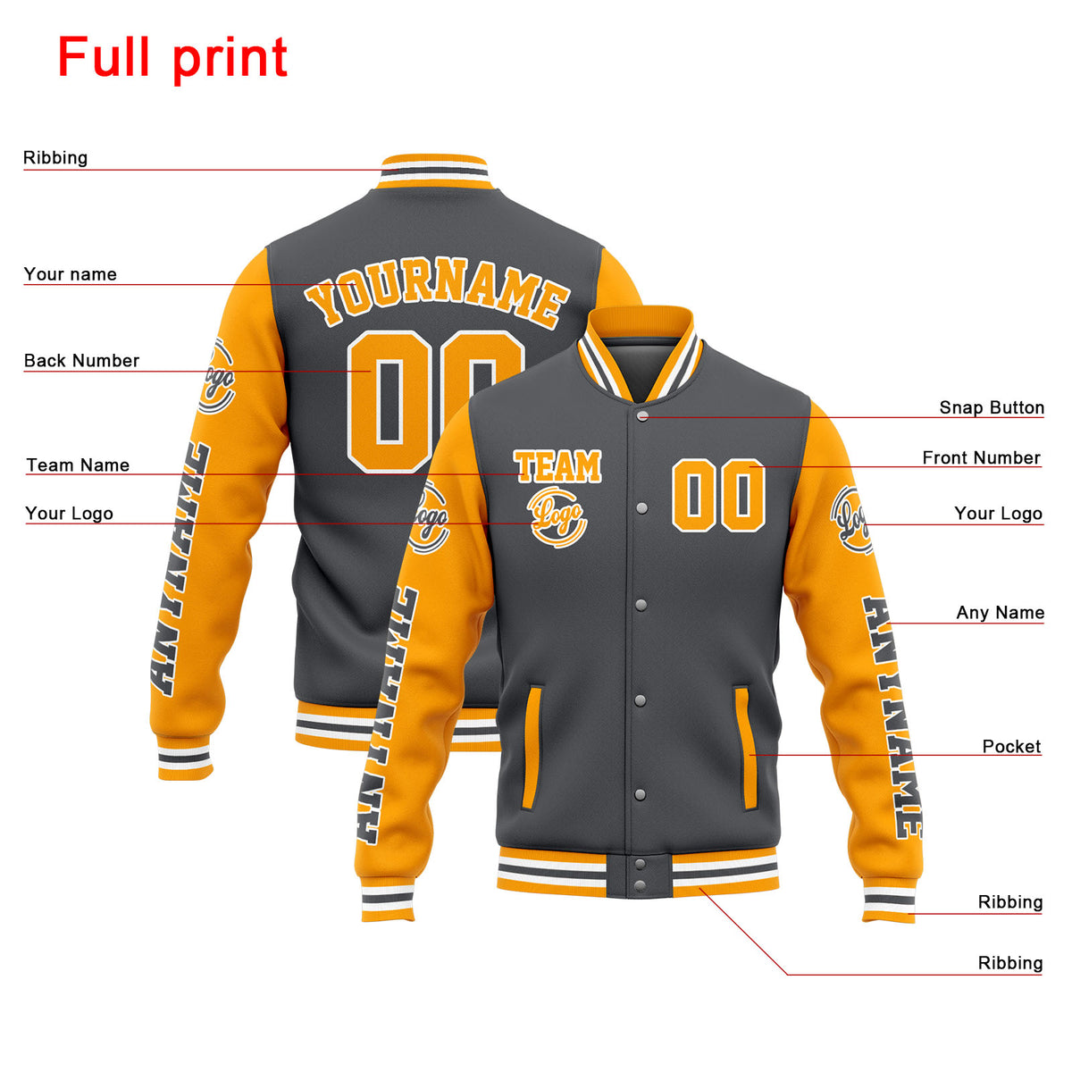 Custom Varsity Jacket Letterman jacket for Men, Women and Youth Grey Yellow enthsush