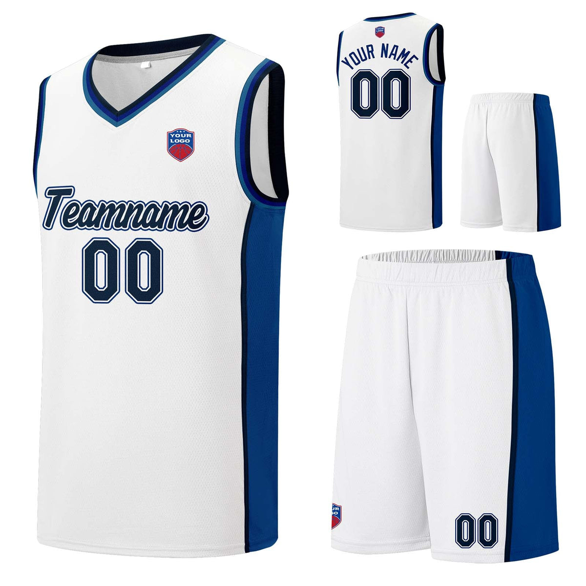 Custom basketball jersey shorts for men and women. Embroidered and printed name, number and logo White enthsush