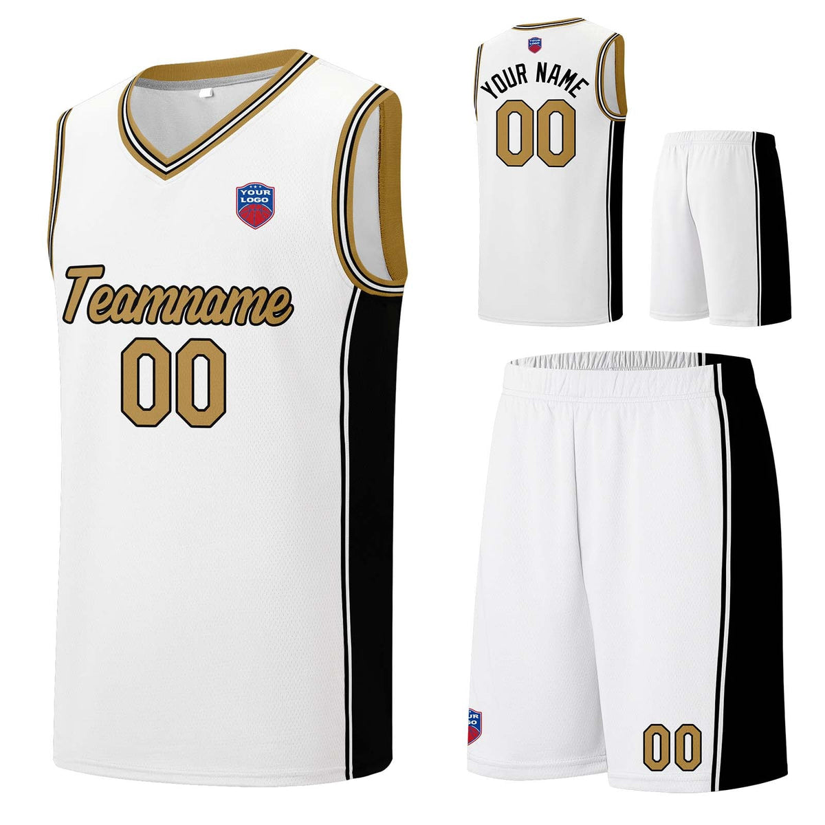 Custom basketball jersey shorts for men and women. Embroidered and printed name, number and logo White enthsush
