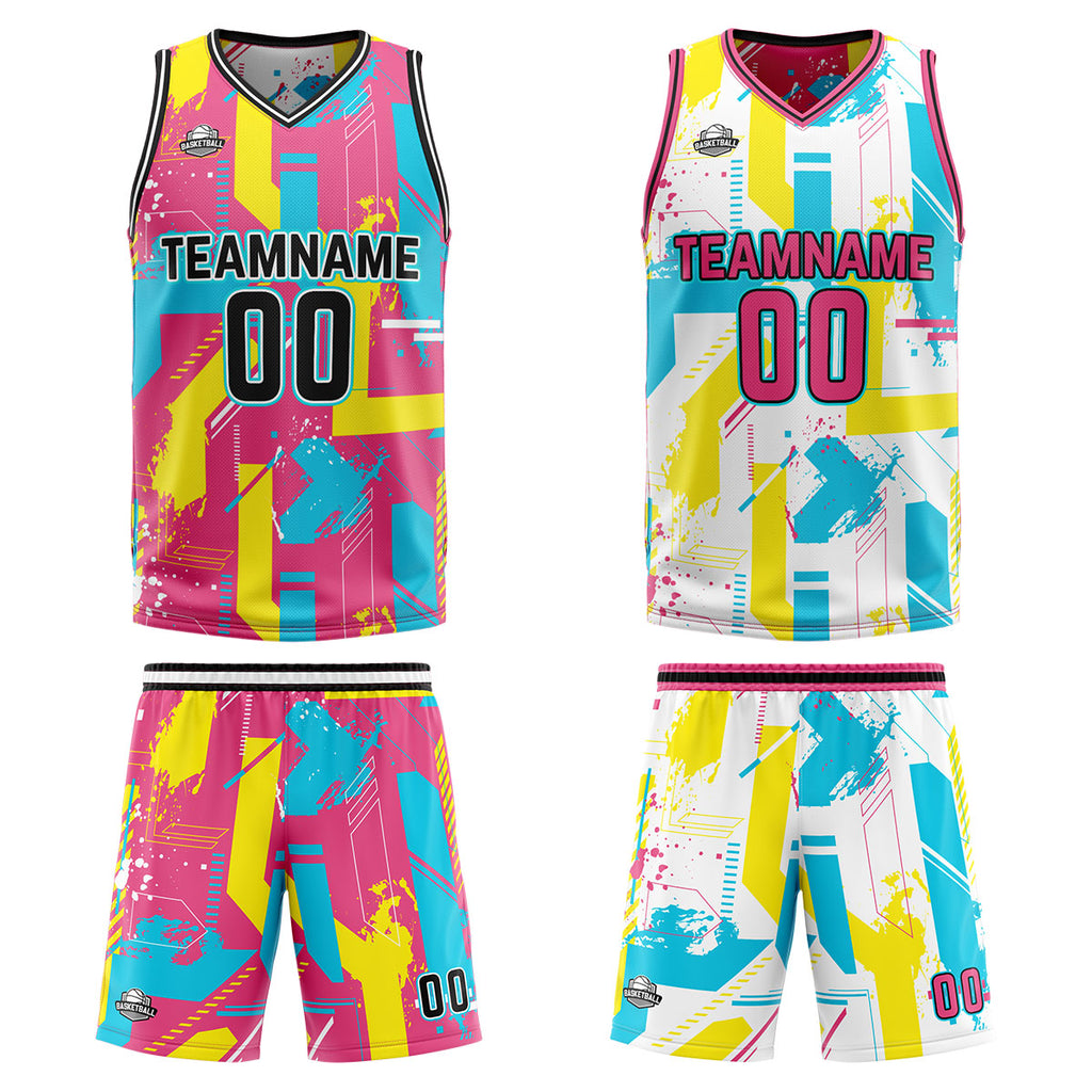 Custom Pink Yellow Reversible Basketball Suit for Adults and Kids Personalized Jersey enthsush