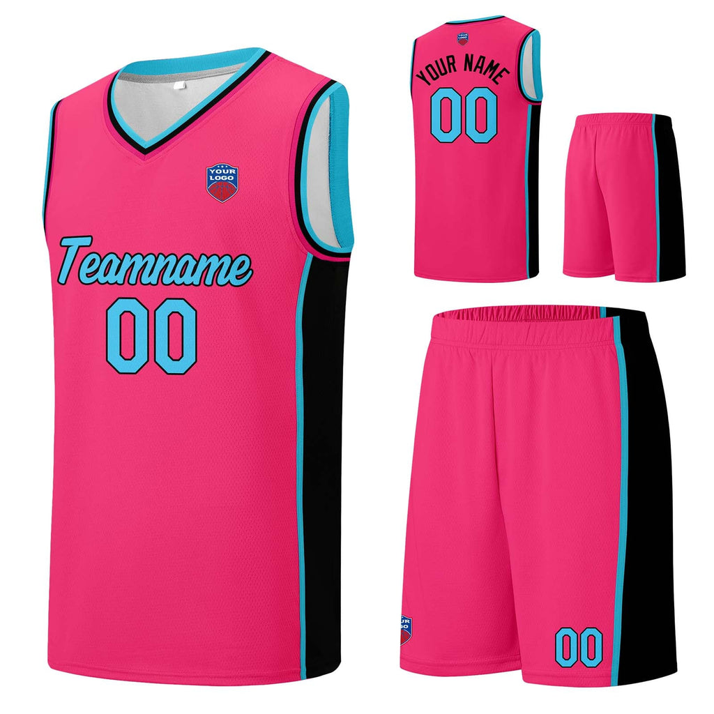 Custom basketball jersey shorts for men and women. Embroidered and printed name, number and logo Pink&Black&Light Blue enthsush