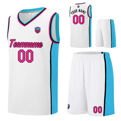 Custom basketball jersey shorts for men and women. Embroidered and printed name, number and logo White enthsush