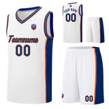 Custom basketball jersey shorts for men and women. Embroidered and printed name, number and logo White