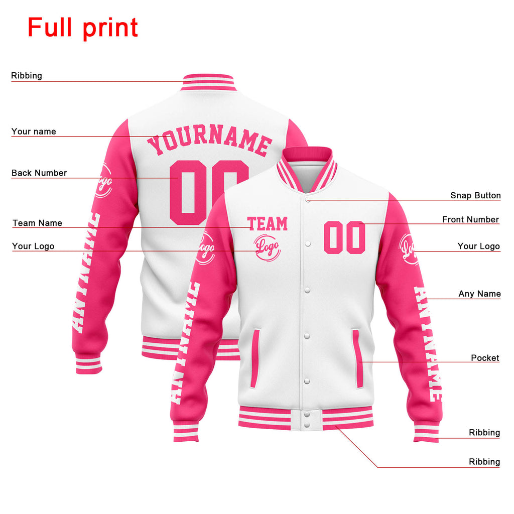Custom Varsity Jacket Letterman jacket for Men, Women and Youth White Pink enthsush
