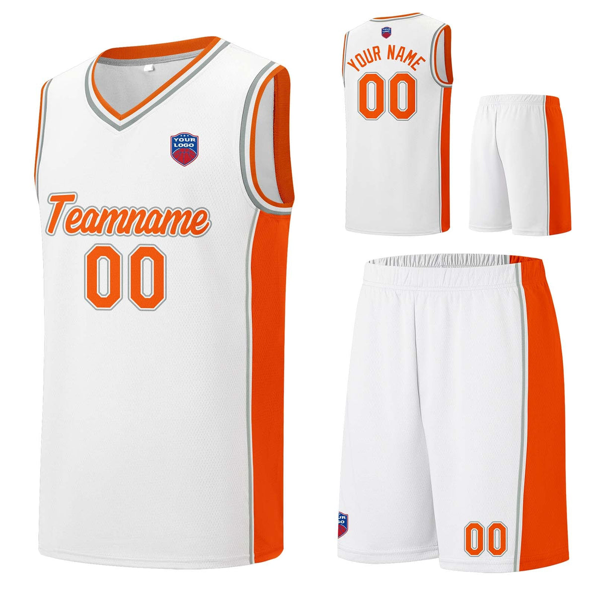 Custom basketball jersey shorts for men and women. Embroidered and printed name, number and logo White enthsush