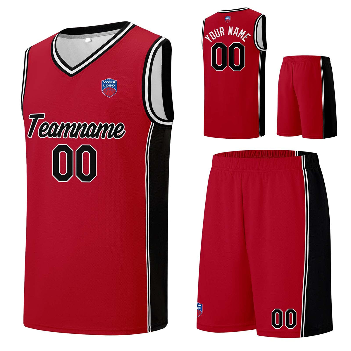 Custom basketball jersey shorts for men and women. Embroidered and printed name, number and logo Red&Black enthsush