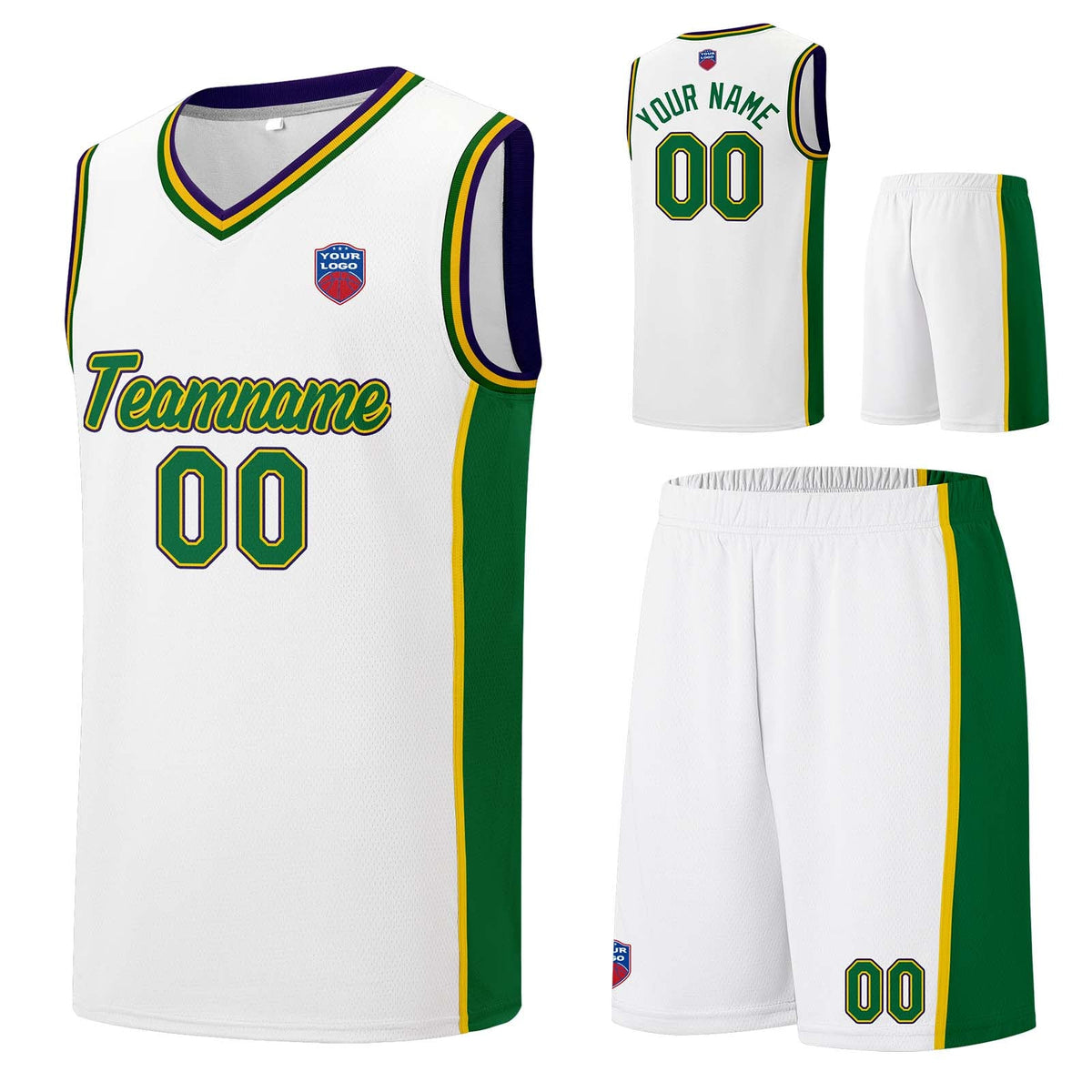 Custom basketball jersey shorts for men and women. Embroidered and printed name, number and logo White&Green&Yellow&Purple enthsush