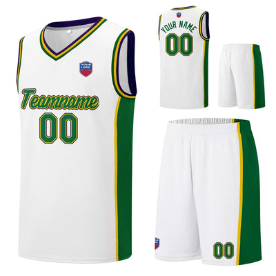 Custom basketball jersey shorts for men and women. Embroidered and printed name, number and logo White&Green&Yellow&Purple enthsush