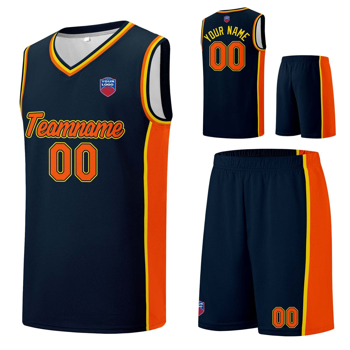 Custom basketball jersey shorts for men and women. Embroidered and printed name, number and logo Navy enthsush