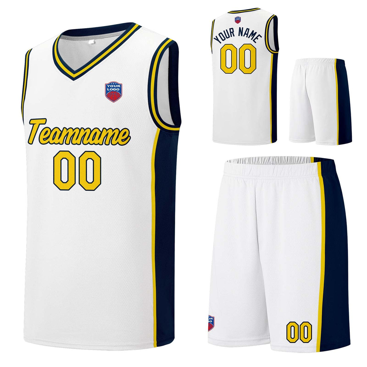 Custom basketball jersey shorts for men and women. Embroidered and printed name, number and logo White enthsush