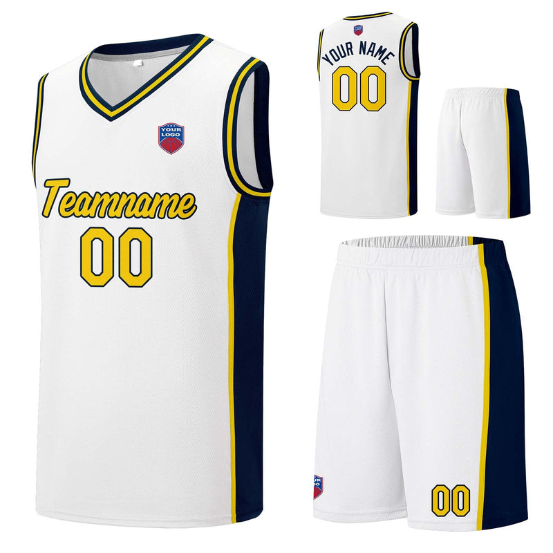 Custom basketball jersey shorts for men and women. Embroidered and printed name, number and logo White