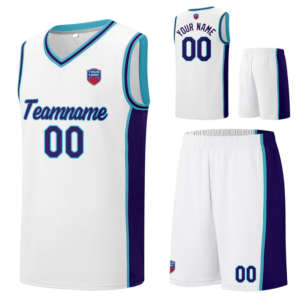Custom basketball jersey shorts for men and women. Embroidered and printed name, number and logo White&Purple enthsush
