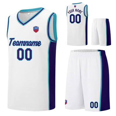 Custom basketball jersey shorts for men and women. Embroidered and printed name, number and logo White&Purple enthsush