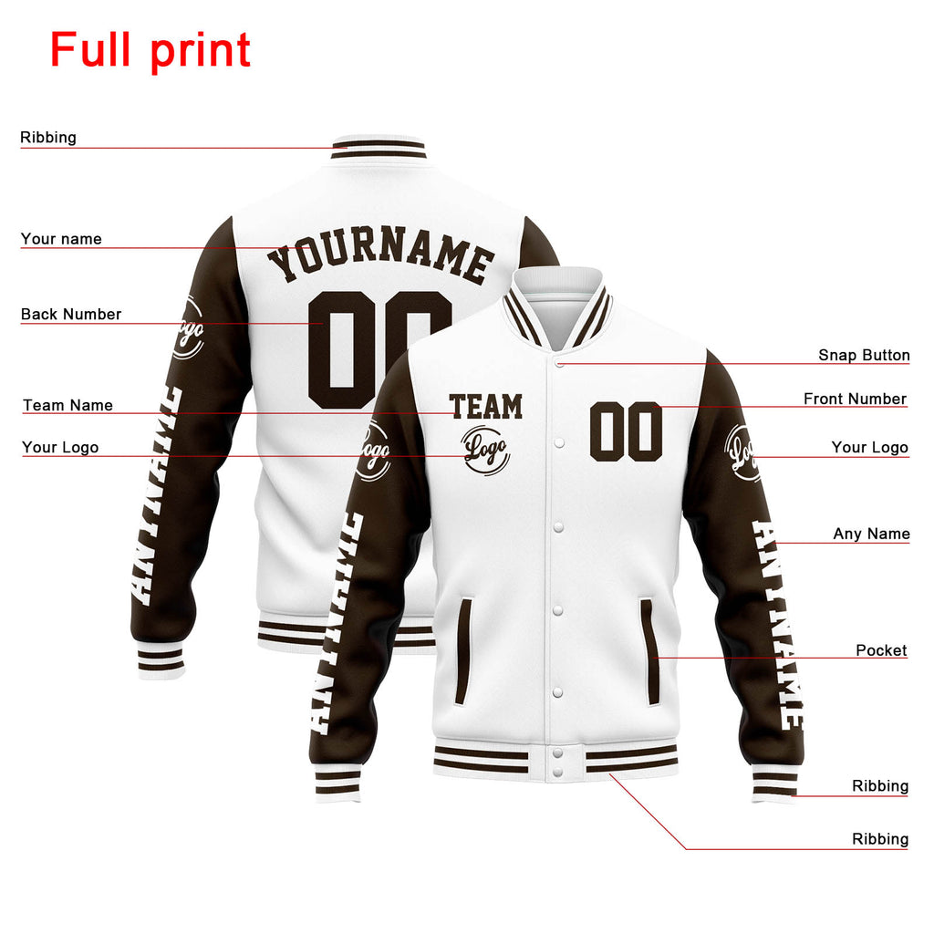 Custom Varsity Jacket Letterman jacket for Men, Women and Youth White Brown enthsush