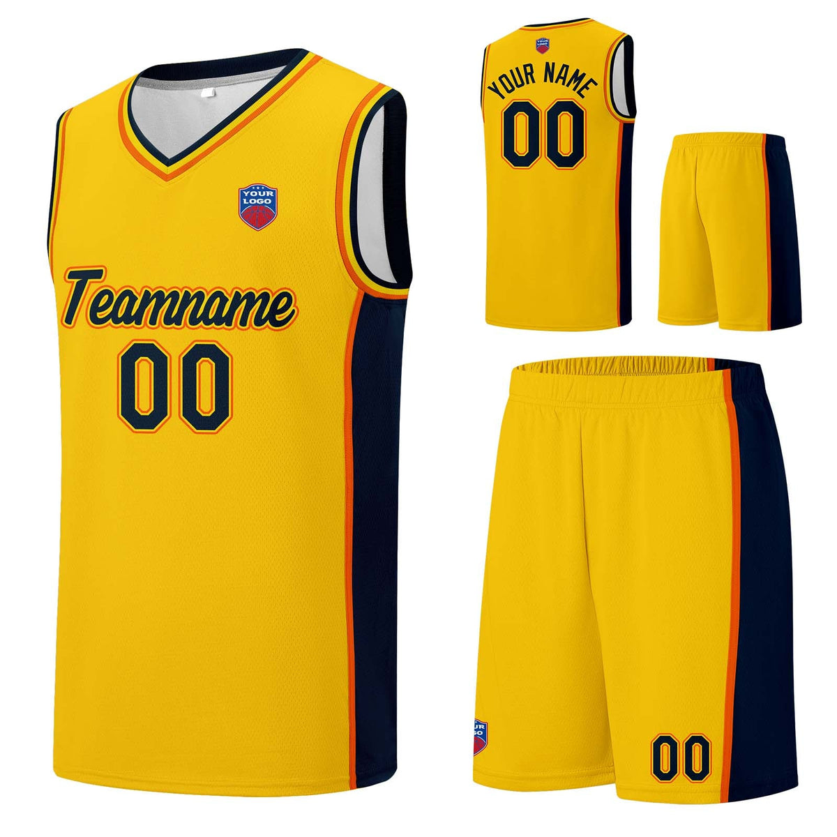 Custom basketball jersey shorts for men and women. Embroidered and printed name, number and logo Yellow enthsush