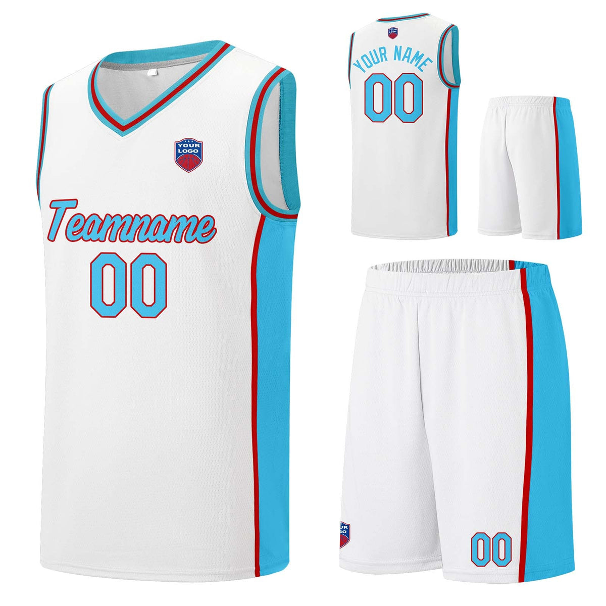 Custom basketball jersey shorts for men and women. Embroidered and printed name, number and logo White&Light Blue&Red enthsush