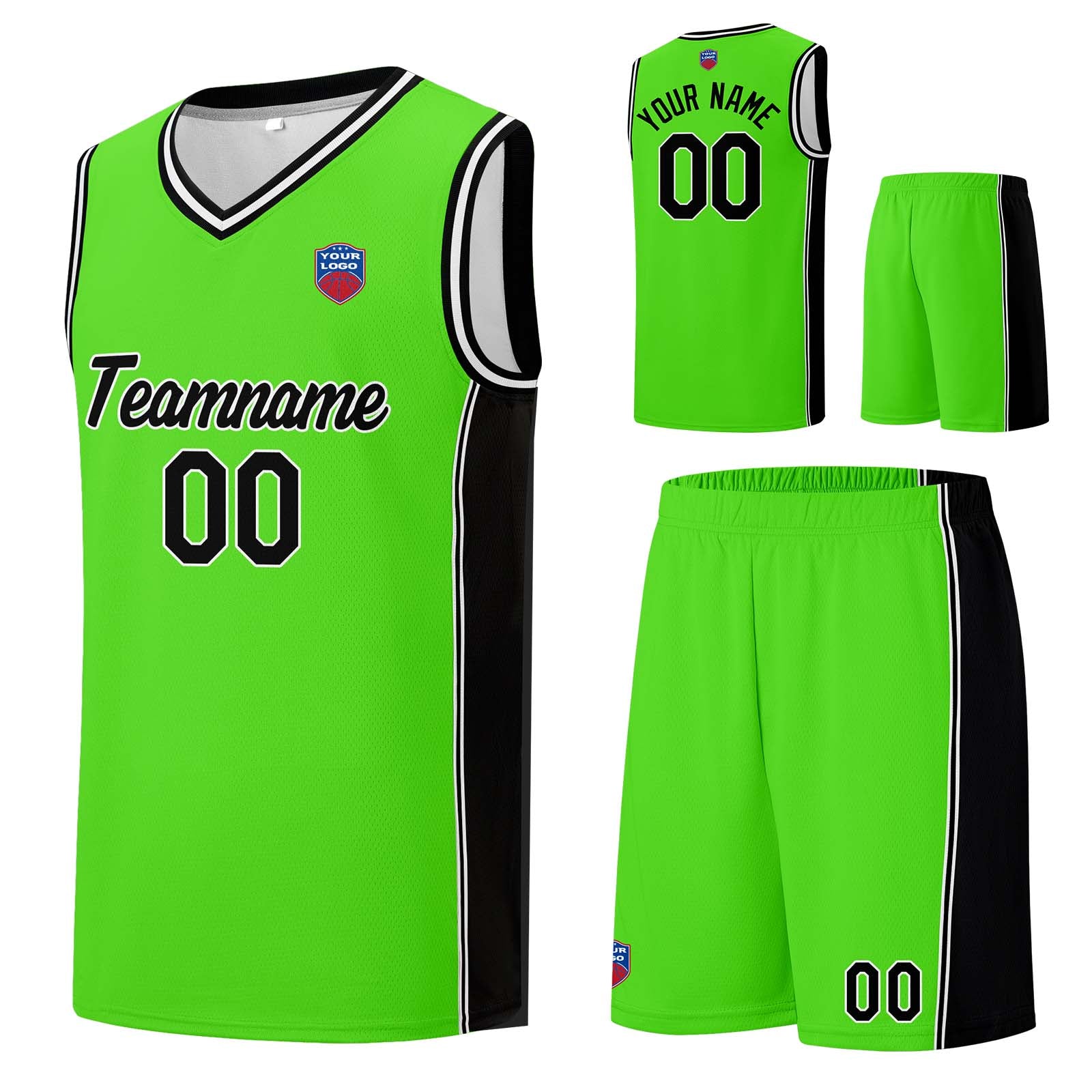 Custom basketball jersey shorts for men and women. Embroidered and printed name, number and logo Neon Green enthsush
