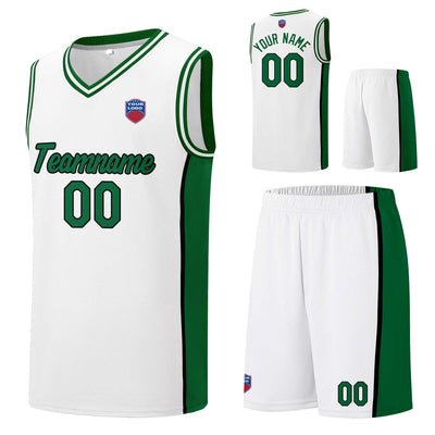 Custom basketball jersey shorts for men and women. Embroidered and printed name, number and logo White&Green enthsush