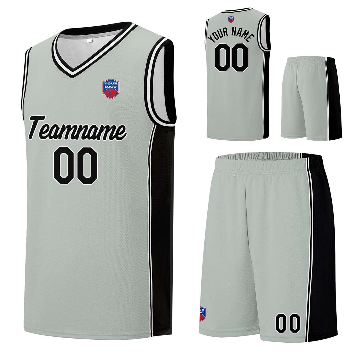 Custom basketball jersey shorts for men and women. Embroidered and printed name, number and logo Grey enthsush