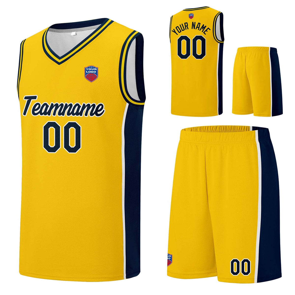 Custom basketball jersey shorts for men and women. Embroidered and printed name, number and logo Yellow enthsush
