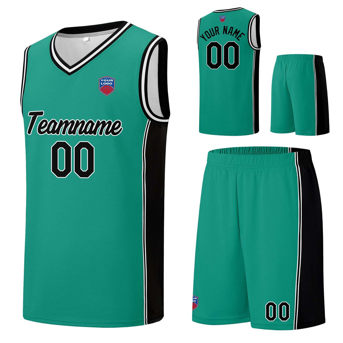 Custom basketball jersey shorts for men and women. Embroidered and printed name, number and logo Light Green&Black enthsush