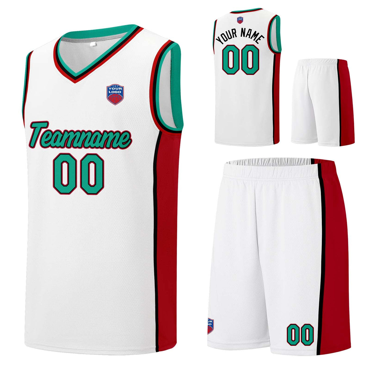 Custom basketball jersey shorts for men and women. Embroidered and printed name, number and logo White&Red&Green enthsush