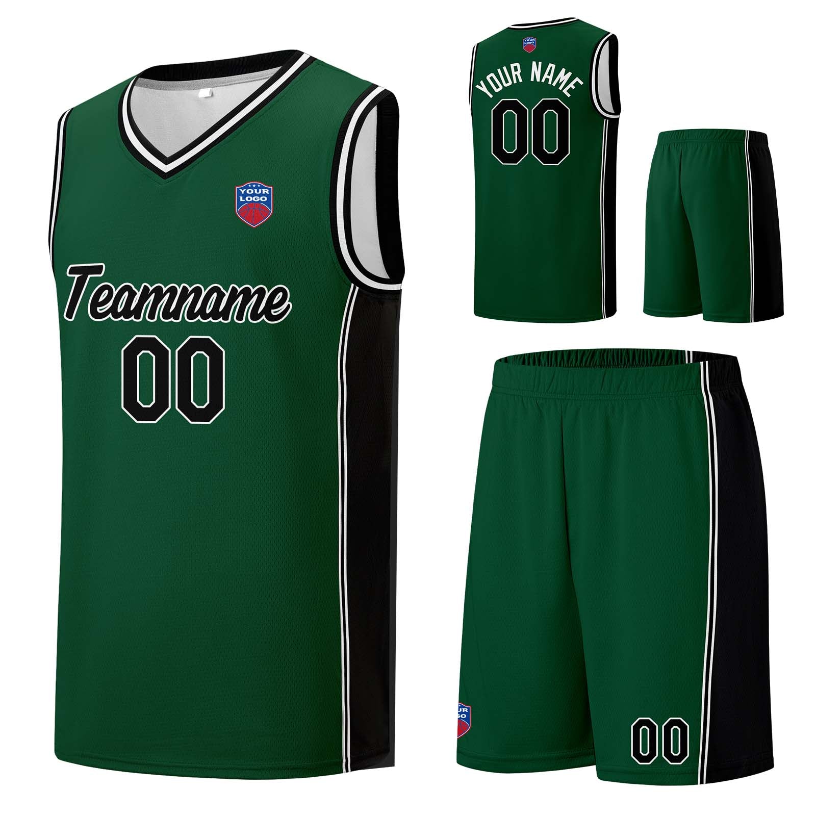 Custom basketball jersey shorts for men and women. Embroidered and printed name, number and logo Dark Green enthsush