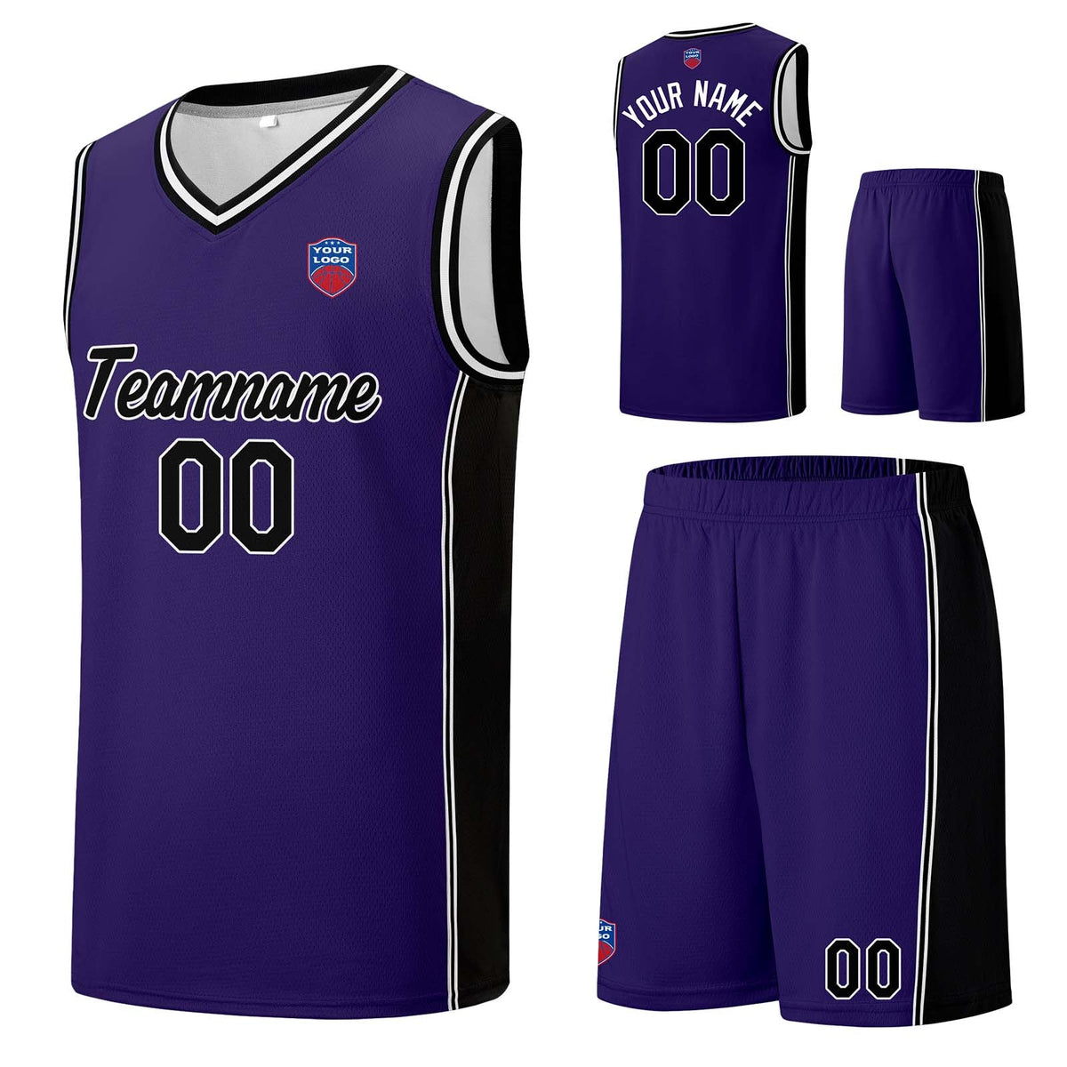 Custom basketball jersey shorts for men and women. Embroidered and printed name, number and logo Purple&Black enthsush