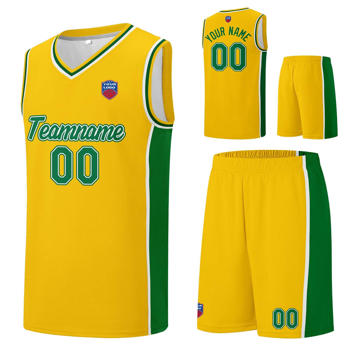 Custom basketball jersey shorts for men and women. Embroidered and printed name, number and logo Yellow&Green enthsush