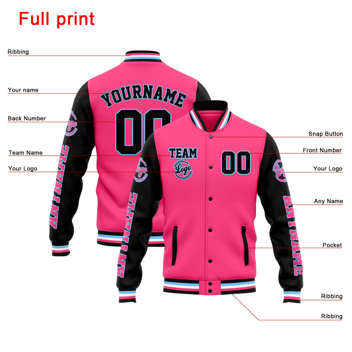 Custom Varsity Jacket Letterman jacket for Men, Women and Youth Pink Black enthsush