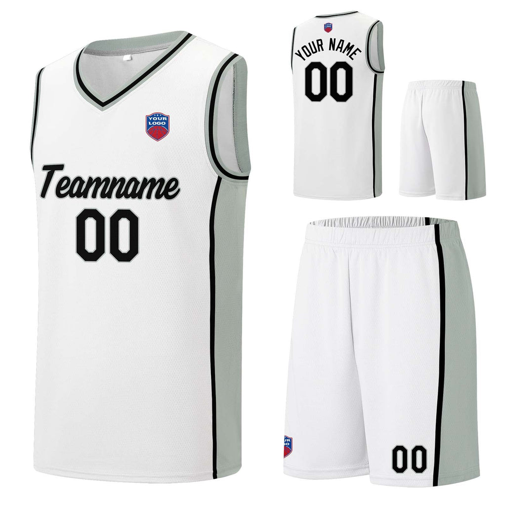 Custom basketball jersey shorts for men and women. Embroidered and printed name, number and logo White&Grey enthsush
