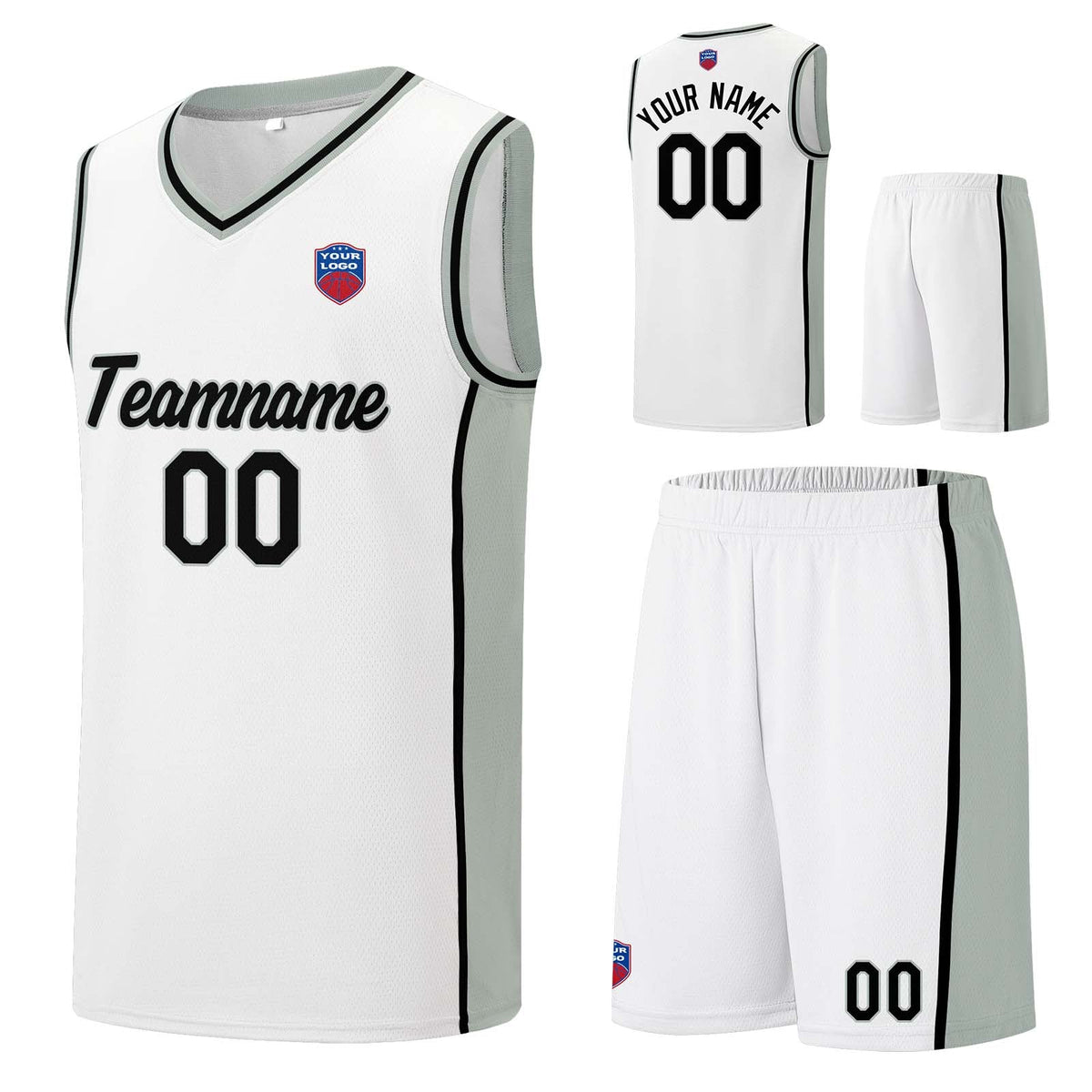 Custom basketball jersey shorts for men and women. Embroidered and printed name, number and logo White&Grey enthsush