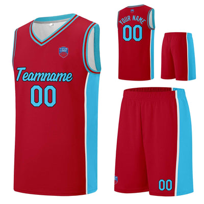 Custom basketball jersey shorts for men and women. Embroidered and printed name, number and logo Red&Light Blue enthsush