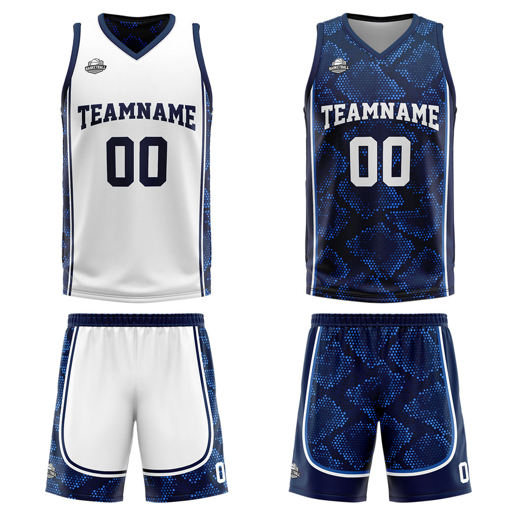 Custom White Dark Blue Reversible Basketball Suit for Adults and Kids Personalized Jersey enthsush