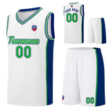 Custom basketball jersey shorts for men and women. Embroidered and printed name, number and logo White&Royal&Green