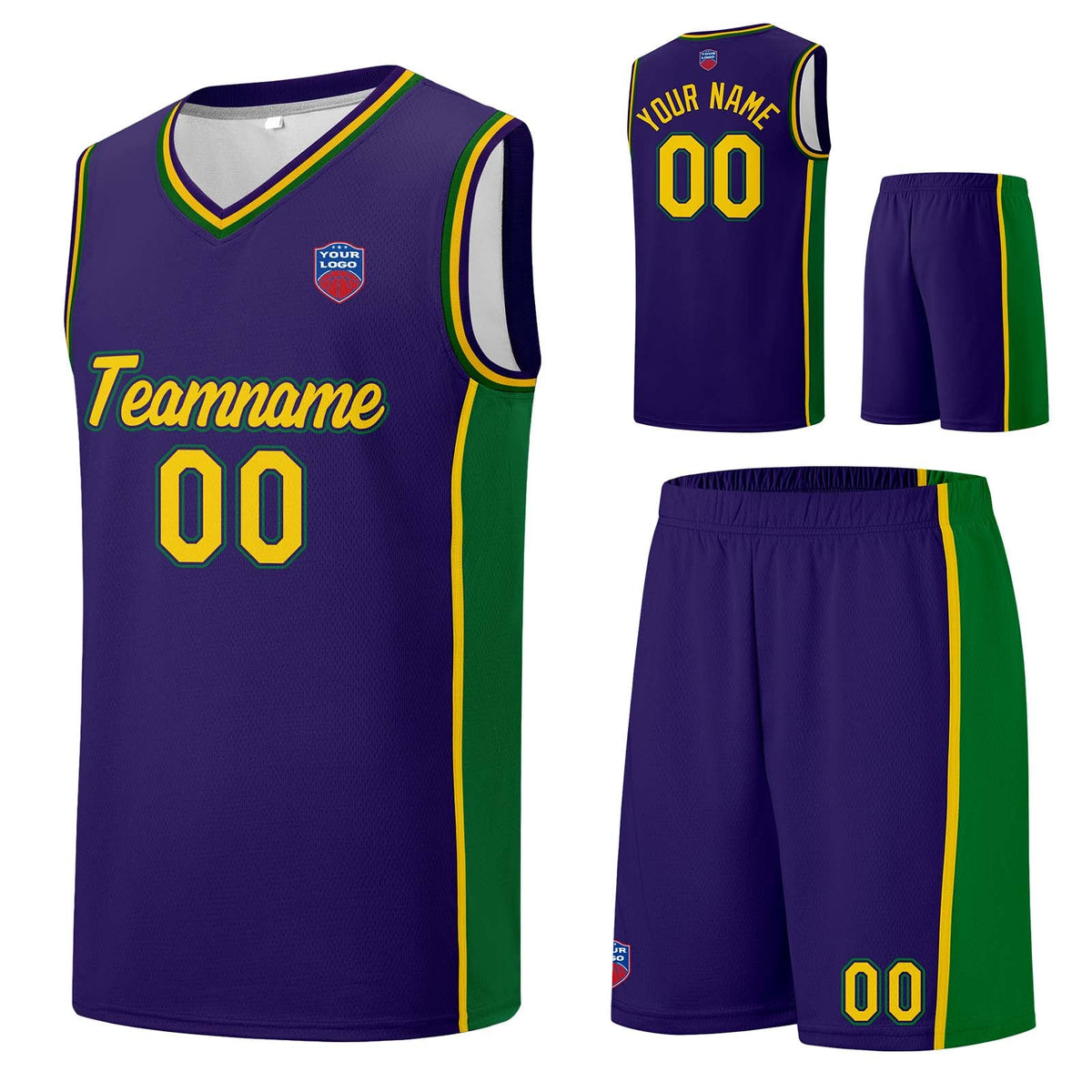 Custom basketball jersey shorts for men and women. Embroidered and printed name, number and logo Purple enthsush