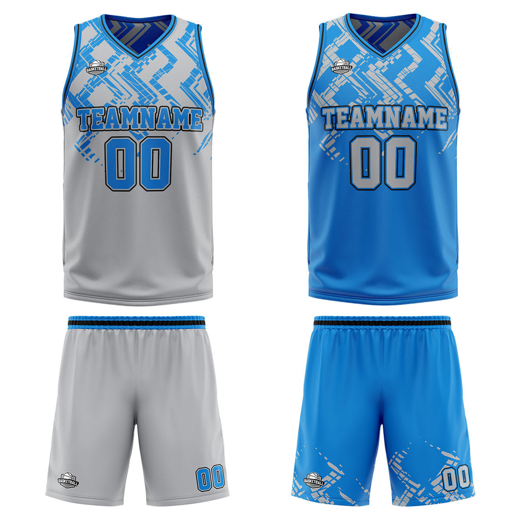 Custom Grey Blue Reversible Basketball Suit for Adults and Kids Personalized Jersey enthsush