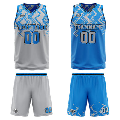 Custom Grey Blue Reversible Basketball Suit for Adults and Kids Personalized Jersey enthsush
