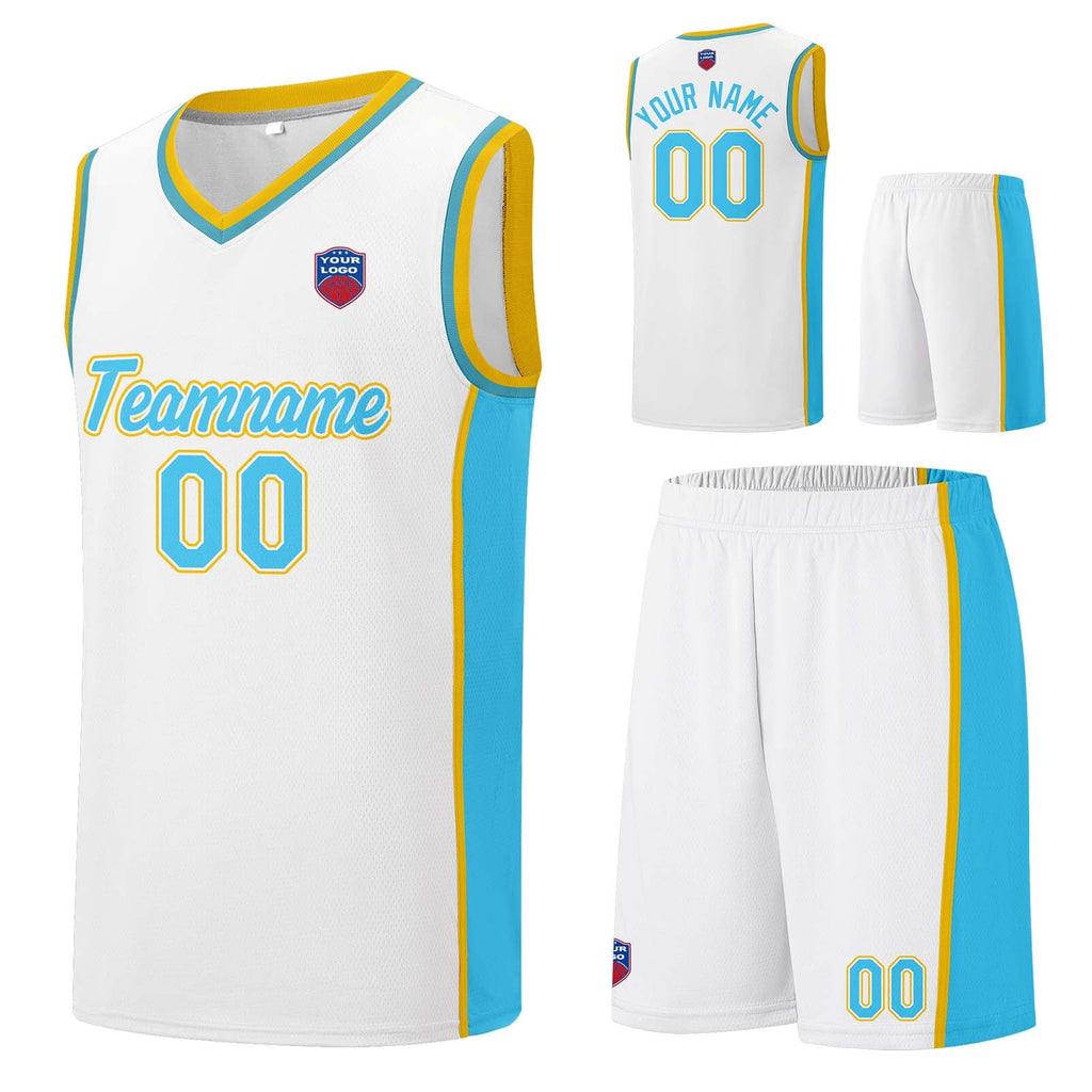 Custom basketball jersey shorts for men and women. Embroidered and printed name, number and logo White&Light Blue enthsush