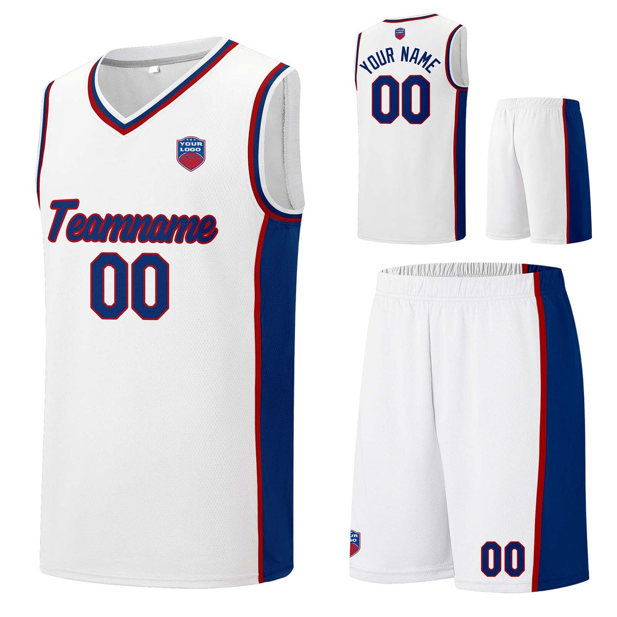 Custom basketball jersey shorts for men and women. Embroidered and printed name, number and logo White enthsush