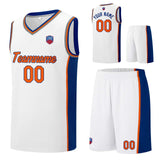 Custom basketball jersey shorts for men and women. Embroidered and printed name, number and logo White