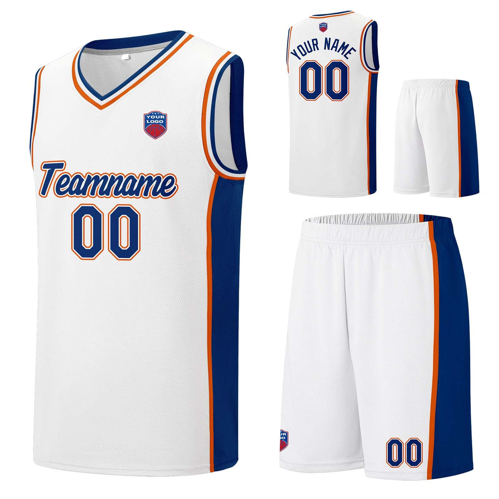 Custom basketball jersey shorts for men and women. Embroidered and printed name, number and logo White&Royal&Orange enthsush