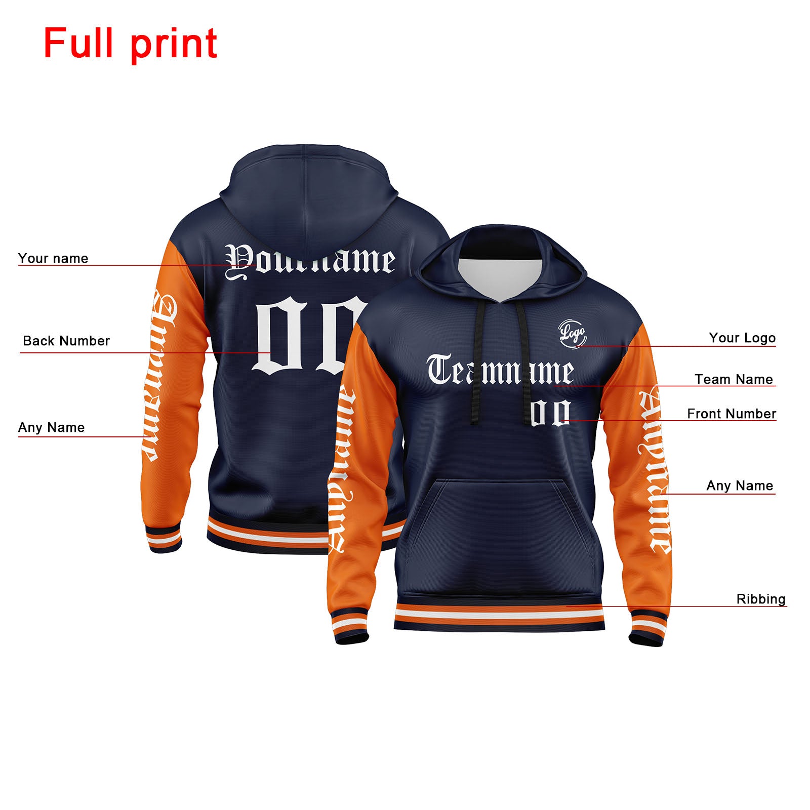 Custom Navy Orange Sweatshirt Hoodie For Men Women Girl Boy Print Your Logo Name Number enthsush