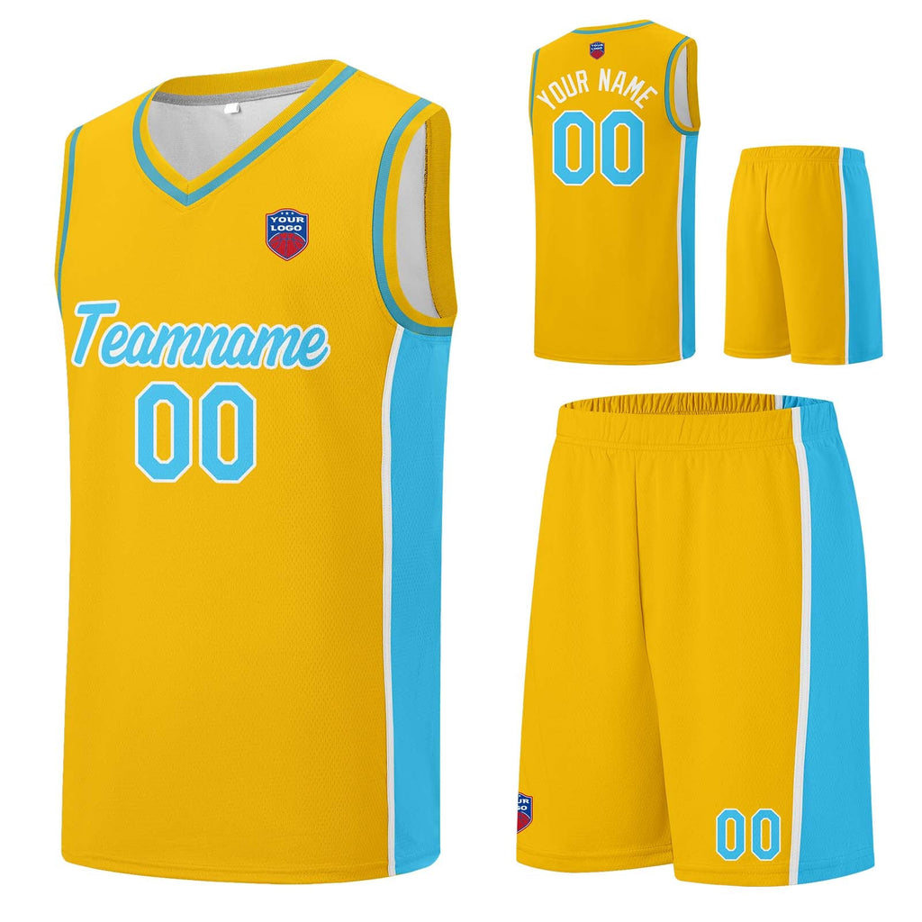 Custom basketball jersey shorts for men and women. Embroidered and printed name, number and logo Yellow&Light Blue enthsush
