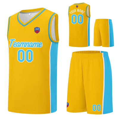 Custom basketball jersey shorts for men and women. Embroidered and printed name, number and logo Yellow&Light Blue enthsush