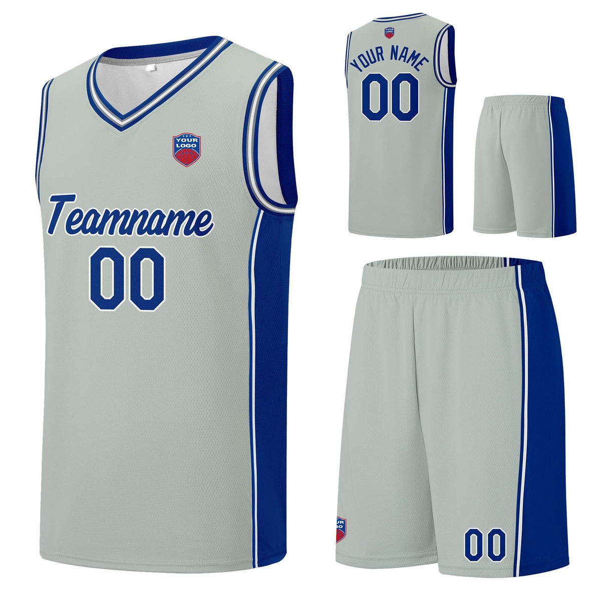 Custom basketball jersey shorts for men and women. Embroidered and printed name, number and logo Grey enthsush